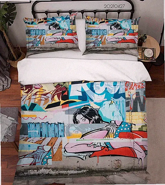 3D Anime Wall Painting Graffiti Quilt Cover Set Bedding Sets Pillowcases Queen