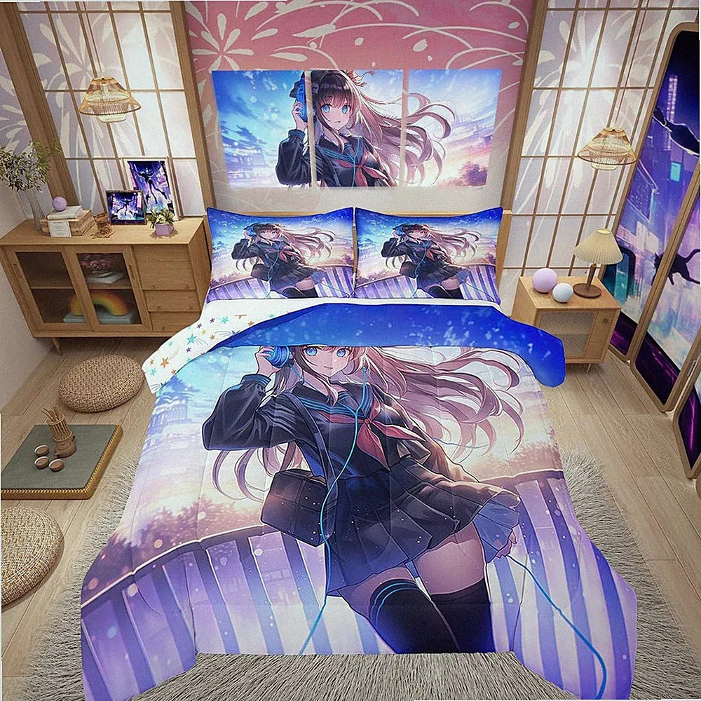 Anime Girl Bedding Set Queen Size, Japanese Anime Comforter Set for Boys Teen...