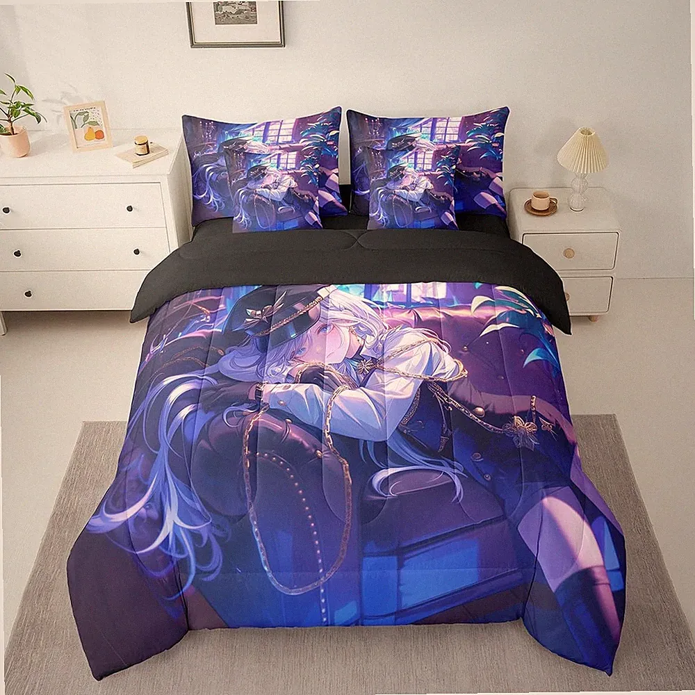 Anime Girl Comforter Set With Sheets Queen Size Japanese Anime 7 Piece Beddin...
