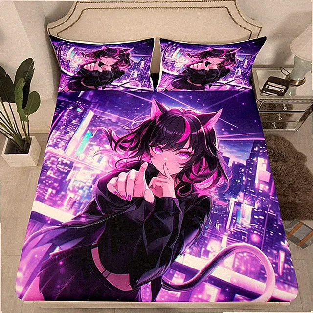 Anime Girl Twin Size Bed Sheets, Japanese Anime Fitted Sheet, Cartoon Girl Be...