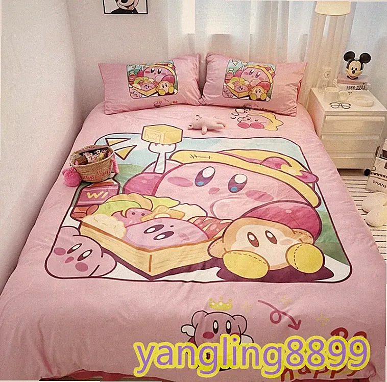 Anime Kirby Velvet Bed Sheet Pillowcase Quilt Cover Double Queen Bedding Set 4pc