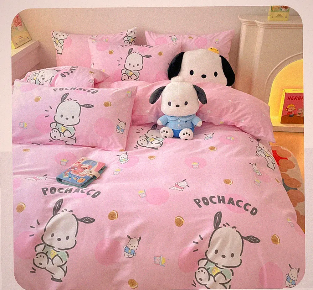 Anime Pochacco 100% Cotton 4pcs Bedding Set Sheet Duvet Cover Pillowcase Student