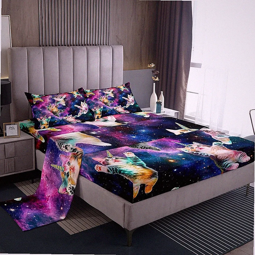 Galaxy Cat Bed Set Cute Unicorn Cats Bedding Sheets Boys Fairy Cartoon Animal...