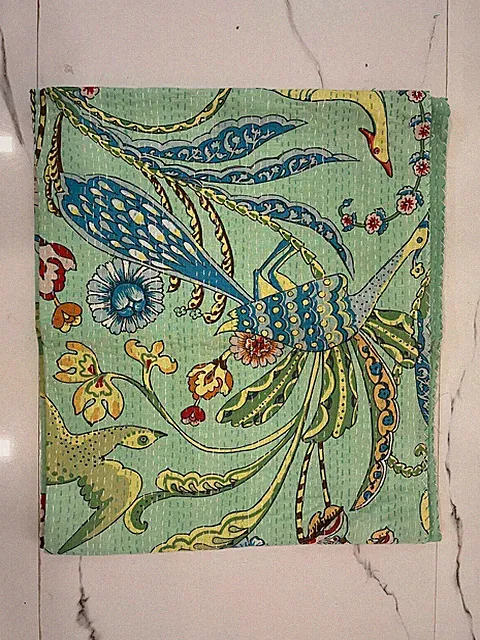 Green King Size Bird Handmade Kantha Quilt Throw Blanket Vintage Quilt Bedspread