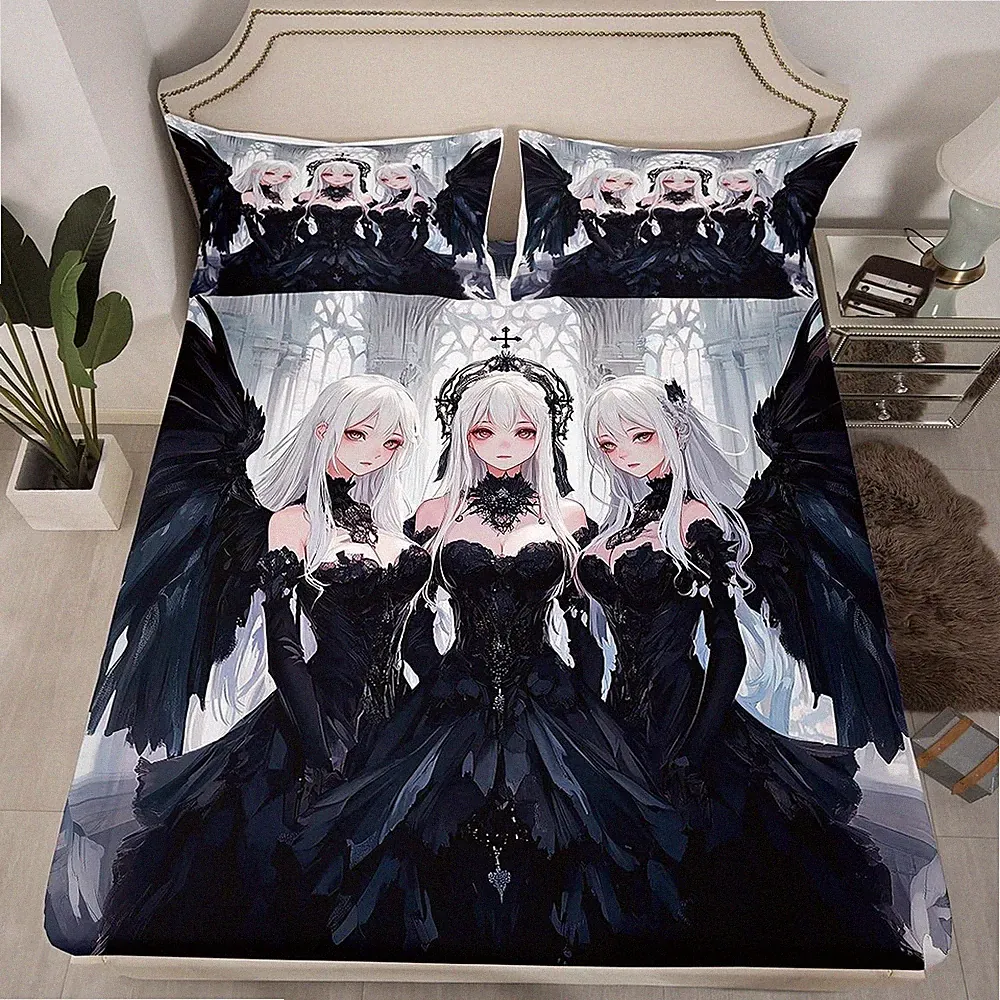 Japanese Anime Twin Size Fitted Sheet, Anime Girl Bedding Set Kawaii Japanese...