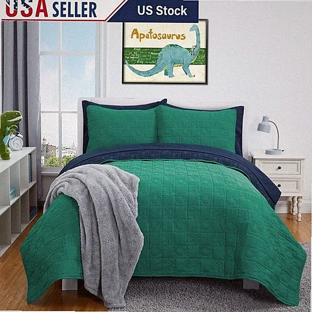 Kids Reversible Dino Quilt Set W/ Lightweight Sheets Bedding Set New