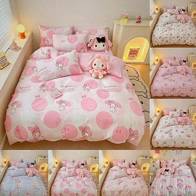Melody Cinnamoroll Kuromi Anime Bedding Set Cotton Quilt Cover Sheet Pillowcase