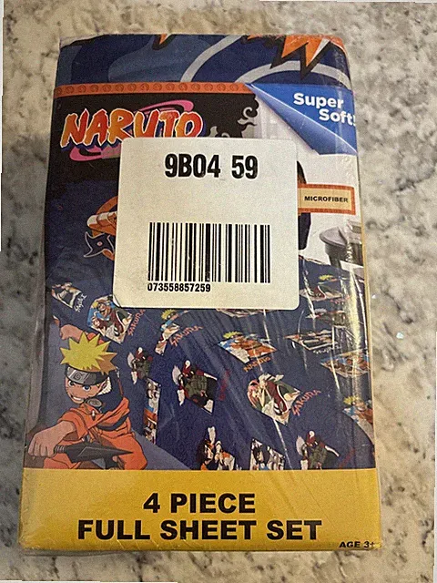 NARUTO 4 Piece Full Size Sheet Set: 1 Fitted+1 Flat Sheet & 2 Pillowcases NEW