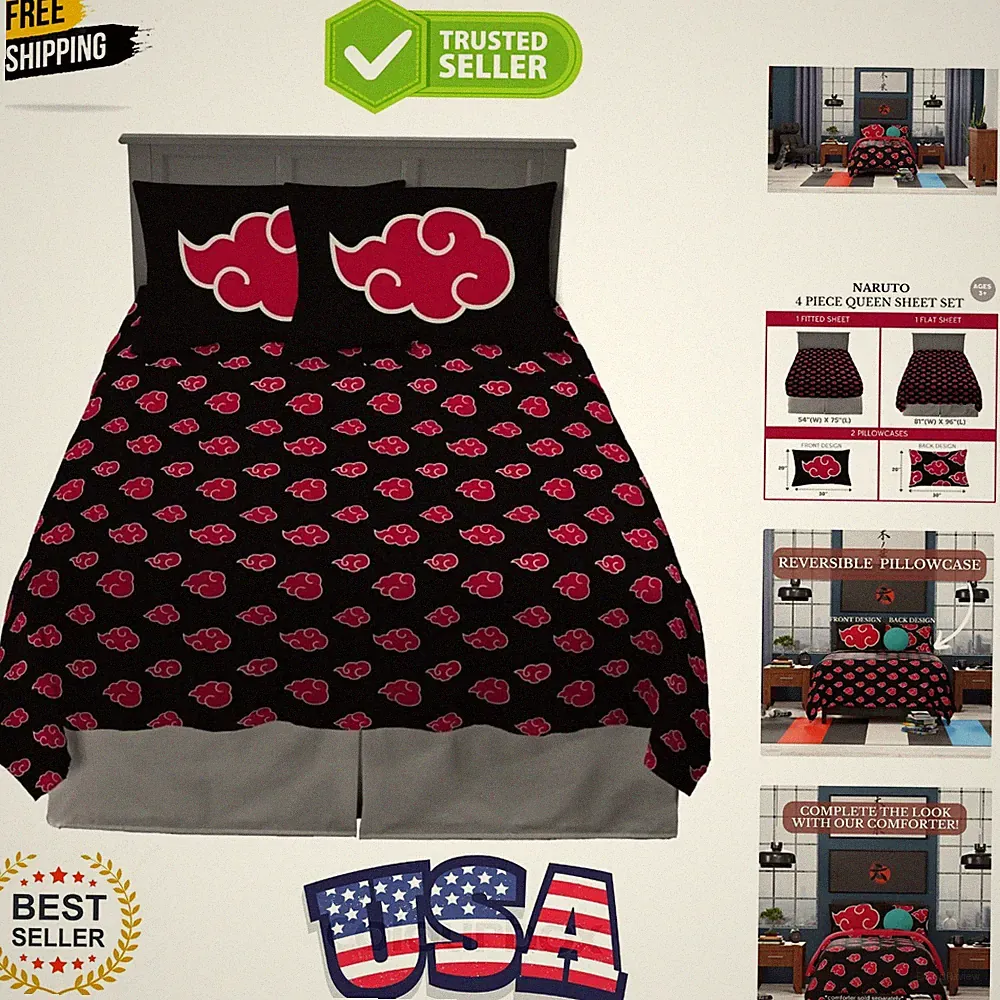 Naruto Akatsuki Anime Bedding Super Soft Microfiber Queen Sheet Set, Official...