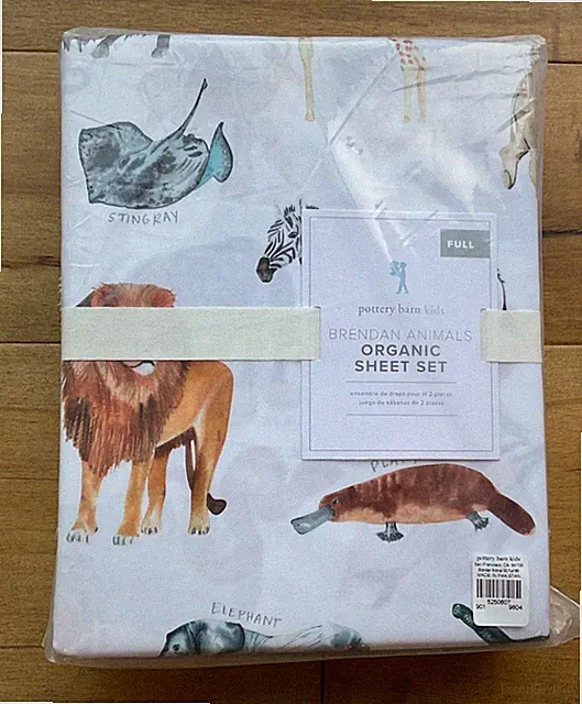 Pottery Barn Kids Brendan Animals Organic Sheet Set Full Size Fitted+Flat+2 Pill