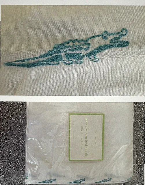 Pottery Barn (NEW) ALLIGATOR Bedskirt Embroidered White Blue Quirky FULL or KING