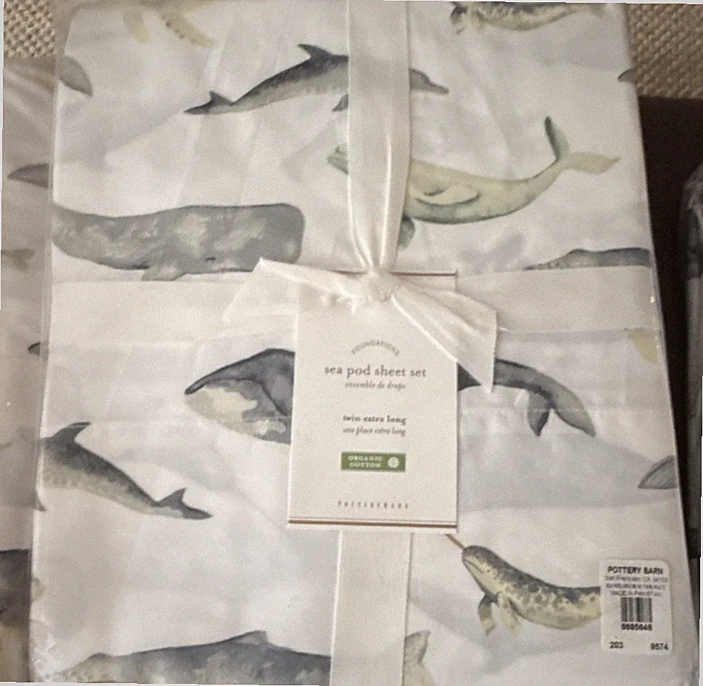 RARE. Pottery Barn Kids Sea Pod Organic Cotton Animal Print Twin XL Sheet Set