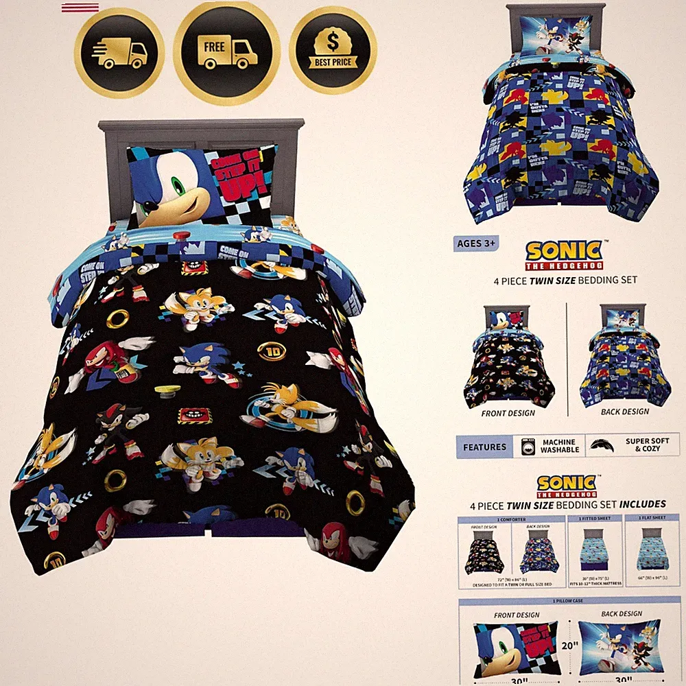 Sonic the Hedgehog Anime Kids Comforter Sheet Set Twin 4 Piece Bedding