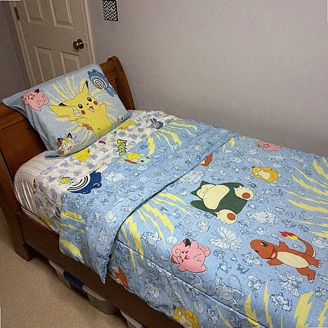Vintage Pokémon Twin Comforter Bedding Set Comforter + Flat Sheet + Pillow Cover